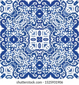 Ceramic tiles azulejo portugal. Vector seamless pattern arabesque. Hand drawn design. Blue ethnic background for T-shirts, scrapbooking, linens, smartphone cases or bags.
