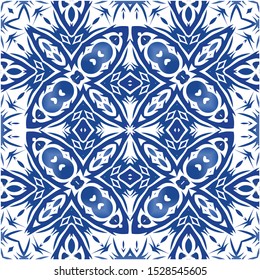 Ceramic tiles azulejo portugal. Vector seamless pattern template. Geometric design. Blue ethnic background for T-shirts, scrapbooking, linens, smartphone cases or bags.