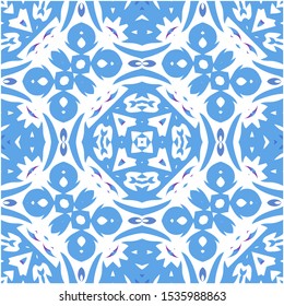 Ceramic tiles azulejo portugal. Vector seamless pattern theme. Colored design. Blue ethnic background for T-shirts, scrapbooking, linens, smartphone cases or bags.
