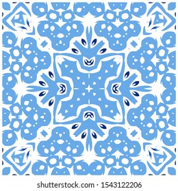 Ceramic tiles azulejo portugal. Vector seamless pattern theme. Colored design. Blue ethnic background for T-shirts, scrapbooking, linens, smartphone cases or bags.