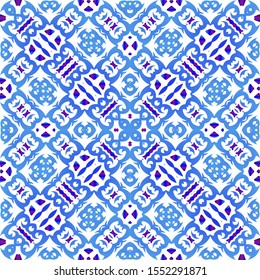 Ceramic tiles azulejo portugal. Vector seamless pattern watercolor. Minimal design. Blue ethnic background for T-shirts, scrapbooking, linens, smartphone cases or bags.