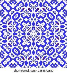 Ceramic tiles azulejo portugal. Vector seamless pattern watercolor. Minimal design. Blue ethnic background for T-shirts, scrapbooking, linens, smartphone cases or bags.