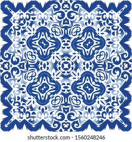 Ceramic tiles azulejo portugal. Vector seamless pattern flyer. Minimal design. Blue ethnic background for T-shirts, scrapbooking, linens, smartphone cases or bags.