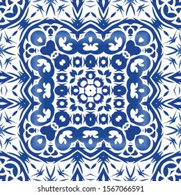 Ceramic tiles azulejo portugal. Vector seamless pattern template. Geometric design. Blue ethnic background for T-shirts, scrapbooking, linens, smartphone cases or bags.