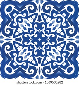 Ceramic tiles azulejo portugal. Vector seamless pattern theme. Colored design. Blue ethnic background for T-shirts, scrapbooking, linens, smartphone cases or bags.