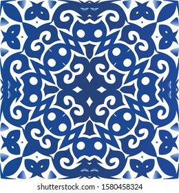 Ceramic tiles azulejo portugal. Vector seamless pattern flyer. Fashionable design. Blue ethnic background for T-shirts, scrapbooking, linens, smartphone cases or bags.