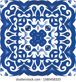 Ceramic tiles azulejo portugal. Vector seamless pattern template. Modern design. Blue ethnic background for T-shirts, scrapbooking, linens, smartphone cases or bags.