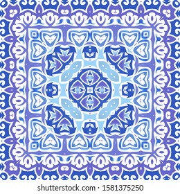 Ceramic tiles azulejo portugal. Vector seamless pattern flyer. Geometric design. Blue ethnic background for T-shirts, scrapbooking, linens, smartphone cases or bags.