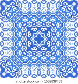 Ceramic tiles azulejo portugal. Vector seamless pattern template. Geometric design. Blue ethnic background for T-shirts, scrapbooking, linens, smartphone cases or bags.