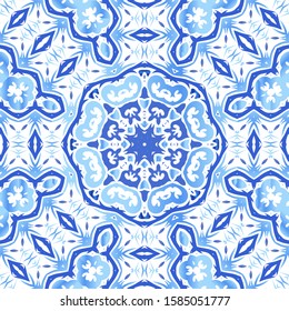 Ceramic tiles azulejo portugal. Vector seamless pattern template. Geometric design. Blue ethnic background for T-shirts, scrapbooking, linens, smartphone cases or bags.