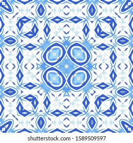 Ceramic tiles azulejo portugal. Vector seamless pattern template. Geometric design. Blue ethnic background for T-shirts, scrapbooking, linens, smartphone cases or bags.