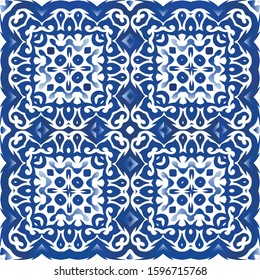 Ceramic tiles azulejo portugal. Vector seamless pattern arabesque. Geometric design. Blue ethnic background for T-shirts, scrapbooking, linens, smartphone cases or bags.