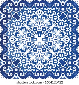 Ceramic tiles azulejo portugal. Vector seamless pattern poster. Creative design. Blue ethnic background for T-shirts, scrapbooking, linens, smartphone cases or bags.