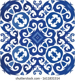 Ceramic tiles azulejo portugal. Vector seamless pattern trellis. Graphic design. Blue ethnic background for T-shirts, scrapbooking, linens, smartphone cases or bags.