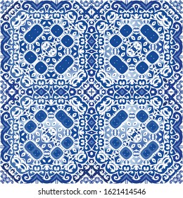 Ceramic tiles azulejo portugal. Vector seamless pattern arabesque. Geometric design. Blue ethnic background for T-shirts, scrapbooking, linens, smartphone cases or bags.