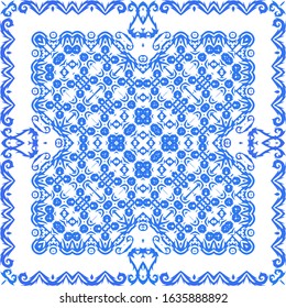 Ceramic tiles azulejo portugal. Vector seamless pattern elements. Stylish design. Blue ethnic background for T-shirts, scrapbooking, linens, smartphone cases or bags.
