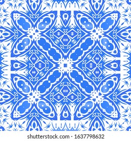 Ceramic tiles azulejo portugal. Vector seamless pattern template. Geometric design. Blue ethnic background for T-shirts, scrapbooking, linens, smartphone cases or bags.