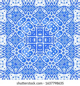 Ceramic tiles azulejo portugal. Vector seamless pattern template. Geometric design. Blue ethnic background for T-shirts, scrapbooking, linens, smartphone cases or bags.