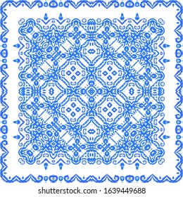 Ceramic tiles azulejo portugal. Vector seamless pattern elements. Stylish design. Blue ethnic background for T-shirts, scrapbooking, linens, smartphone cases or bags.