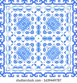 Ceramic tiles azulejo portugal. Vector seamless pattern template. Colored design. Blue ethnic background for T-shirts, scrapbooking, linens, smartphone cases or bags.