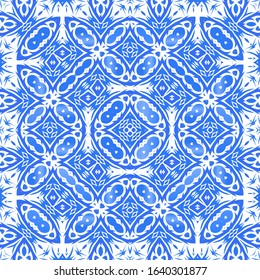 Ceramic tiles azulejo portugal. Vector seamless pattern template. Geometric design. Blue ethnic background for T-shirts, scrapbooking, linens, smartphone cases or bags.