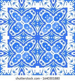 Ceramic tiles azulejo portugal. Vector seamless pattern template. Geometric design. Blue ethnic background for T-shirts, scrapbooking, linens, smartphone cases or bags.