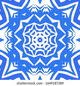Ceramic tiles azulejo portugal. Vector seamless pattern template. Geometric design. Blue ethnic background for T-shirts, scrapbooking, linens, smartphone cases or bags.