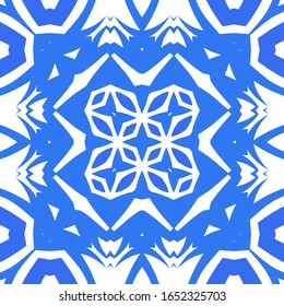 Ceramic tiles azulejo portugal. Vector seamless pattern template. Geometric design. Blue ethnic background for T-shirts, scrapbooking, linens, smartphone cases or bags.