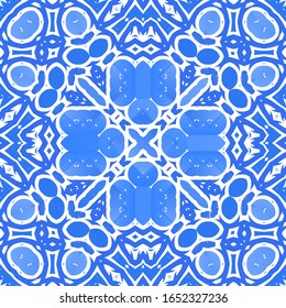 Ceramic tiles azulejo portugal. Vector seamless pattern template. Geometric design. Blue ethnic background for T-shirts, scrapbooking, linens, smartphone cases or bags.