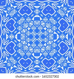 Ceramic tiles azulejo portugal. Vector seamless pattern template. Geometric design. Blue ethnic background for T-shirts, scrapbooking, linens, smartphone cases or bags.