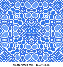 Ceramic tiles azulejo portugal. Vector seamless pattern template. Geometric design. Blue ethnic background for T-shirts, scrapbooking, linens, smartphone cases or bags.