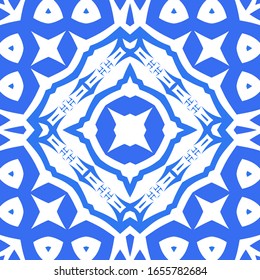 Ceramic tiles azulejo portugal. Vector seamless pattern template. Geometric design. Blue ethnic background for T-shirts, scrapbooking, linens, smartphone cases or bags.