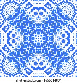 Ceramic tiles azulejo portugal. Vector seamless pattern template. Geometric design. Blue ethnic background for T-shirts, scrapbooking, linens, smartphone cases or bags.