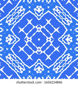Ceramic tiles azulejo portugal. Vector seamless pattern template. Geometric design. Blue ethnic background for T-shirts, scrapbooking, linens, smartphone cases or bags.