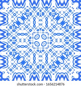 Ceramic tiles azulejo portugal. Vector seamless pattern template. Geometric design. Blue ethnic background for T-shirts, scrapbooking, linens, smartphone cases or bags.