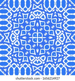Ceramic tiles azulejo portugal. Vector seamless pattern template. Geometric design. Blue ethnic background for T-shirts, scrapbooking, linens, smartphone cases or bags.