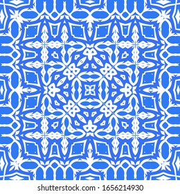 Ceramic tiles azulejo portugal. Vector seamless pattern template. Geometric design. Blue ethnic background for T-shirts, scrapbooking, linens, smartphone cases or bags.