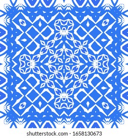 Ceramic tiles azulejo portugal. Vector seamless pattern template. Geometric design. Blue ethnic background for T-shirts, scrapbooking, linens, smartphone cases or bags.
