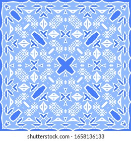Ceramic tiles azulejo portugal. Vector seamless pattern template. Geometric design. Blue ethnic background for T-shirts, scrapbooking, linens, smartphone cases or bags.