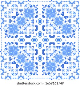 Ceramic tiles azulejo portugal. Vector seamless pattern template. Colored design. Blue ethnic background for T-shirts, scrapbooking, linens, smartphone cases or bags.