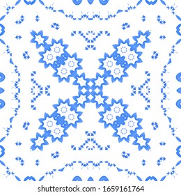 Ceramic tiles azulejo portugal. Vector seamless pattern template. Colored design. Blue ethnic background for T-shirts, scrapbooking, linens, smartphone cases or bags.