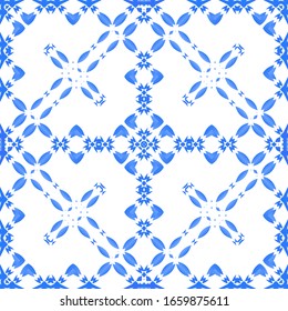 Ceramic tiles azulejo portugal. Vector seamless pattern template. Colored design. Blue ethnic background for T-shirts, scrapbooking, linens, smartphone cases or bags.