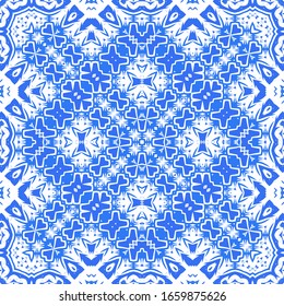 Ceramic tiles azulejo portugal. Vector seamless pattern template. Geometric design. Blue ethnic background for T-shirts, scrapbooking, linens, smartphone cases or bags.