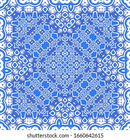 Ceramic tiles azulejo portugal. Vector seamless pattern template. Geometric design. Blue ethnic background for T-shirts, scrapbooking, linens, smartphone cases or bags.