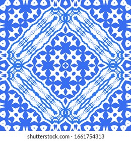 Baldosas cerámicas azulejo portugal. Plantilla de patrón transparente para vectores. Diseño geométrico. Antecedentes étnicos azules para pantalones en T, scrapbooking, ropa de cama, estuches para smartphones o bolsas.