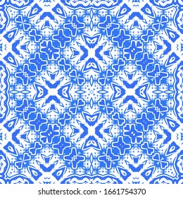 Ceramic tiles azulejo portugal. Vector seamless pattern template. Geometric design. Blue ethnic background for T-shirts, scrapbooking, linens, smartphone cases or bags.