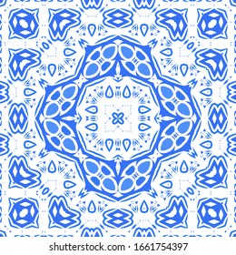 Ceramic tiles azulejo portugal. Vector seamless pattern template. Geometric design. Blue ethnic background for T-shirts, scrapbooking, linens, smartphone cases or bags.