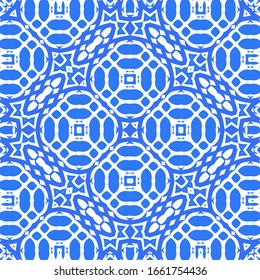 Ceramic tiles azulejo portugal. Vector seamless pattern template. Geometric design. Blue ethnic background for T-shirts, scrapbooking, linens, smartphone cases or bags.