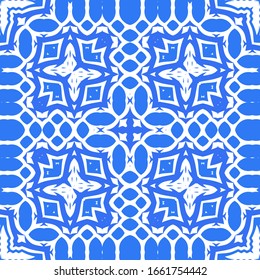 Ceramic tiles azulejo portugal. Vector seamless pattern template. Geometric design. Blue ethnic background for T-shirts, scrapbooking, linens, smartphone cases or bags.