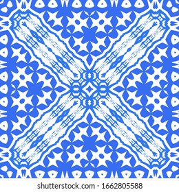 Ceramic tiles azulejo portugal. Vector seamless pattern template. Geometric design. Blue ethnic background for T-shirts, scrapbooking, linens, smartphone cases or bags.